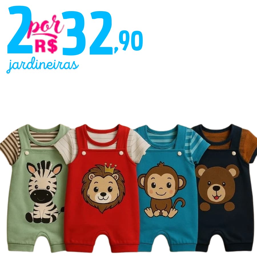 Kit 4 Peças Jardineira de Bebê Menino 2 Jardineiras + 2 Camisetas Safari Verão 0 a 6 Meses