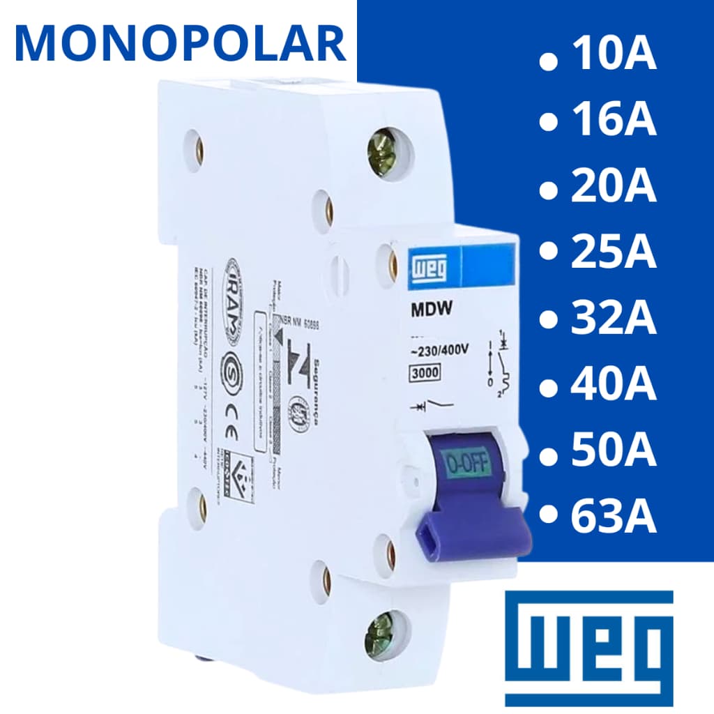 Disjuntor din Weg Monopolar Mdw Mdwp Curva C 10A, 16A, 20A, 25A, 32A, 40A, 50A e 63A