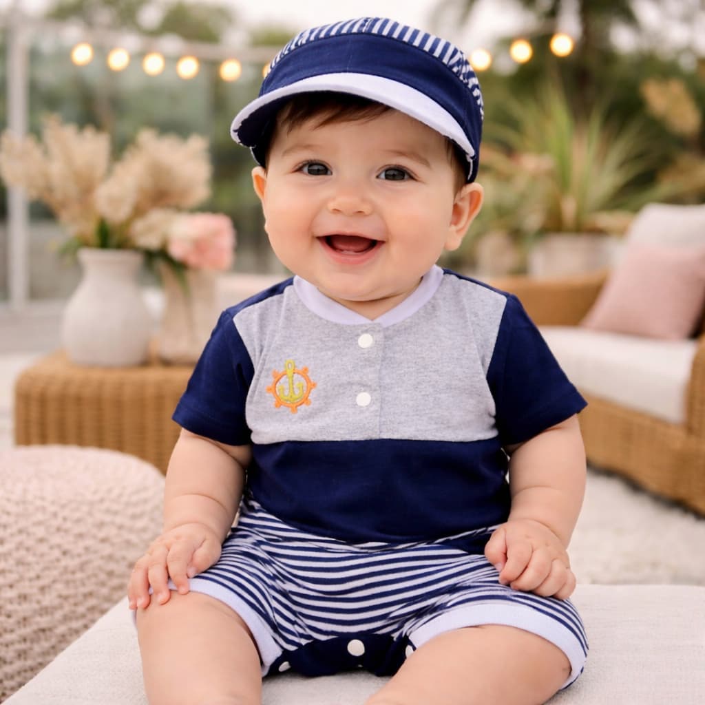 Macacão Bebê Menino com Boné - Algodão Listrado Confortável Recém-Nascido com Bonezinho Fofo