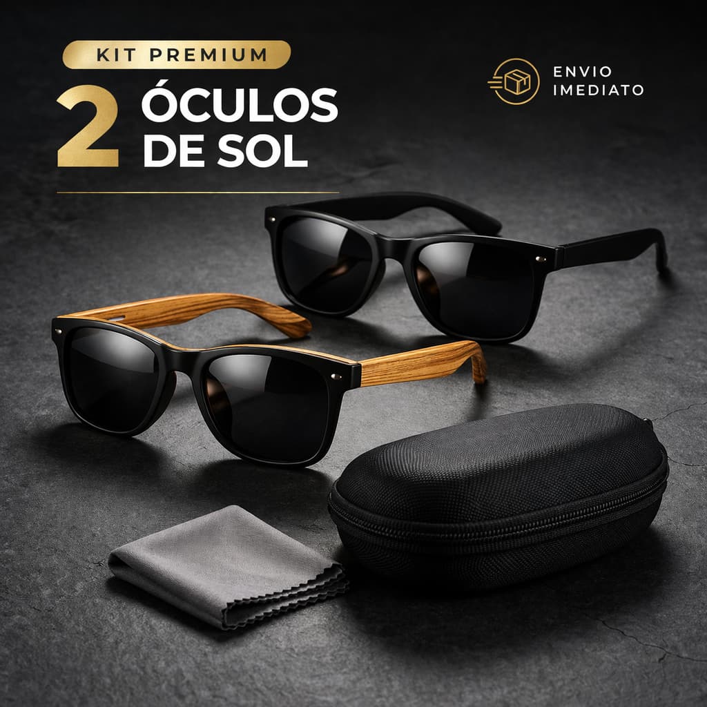 Óculos De Sol Kit Masculino Haste Estilo Madeira UV 400 Premium Quadrado+ Case | ENVIO IMEDIATO