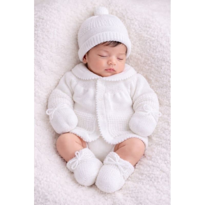 Casaquinho cardigan bebê com gorro luva e sapatinho de tricô recém nascido