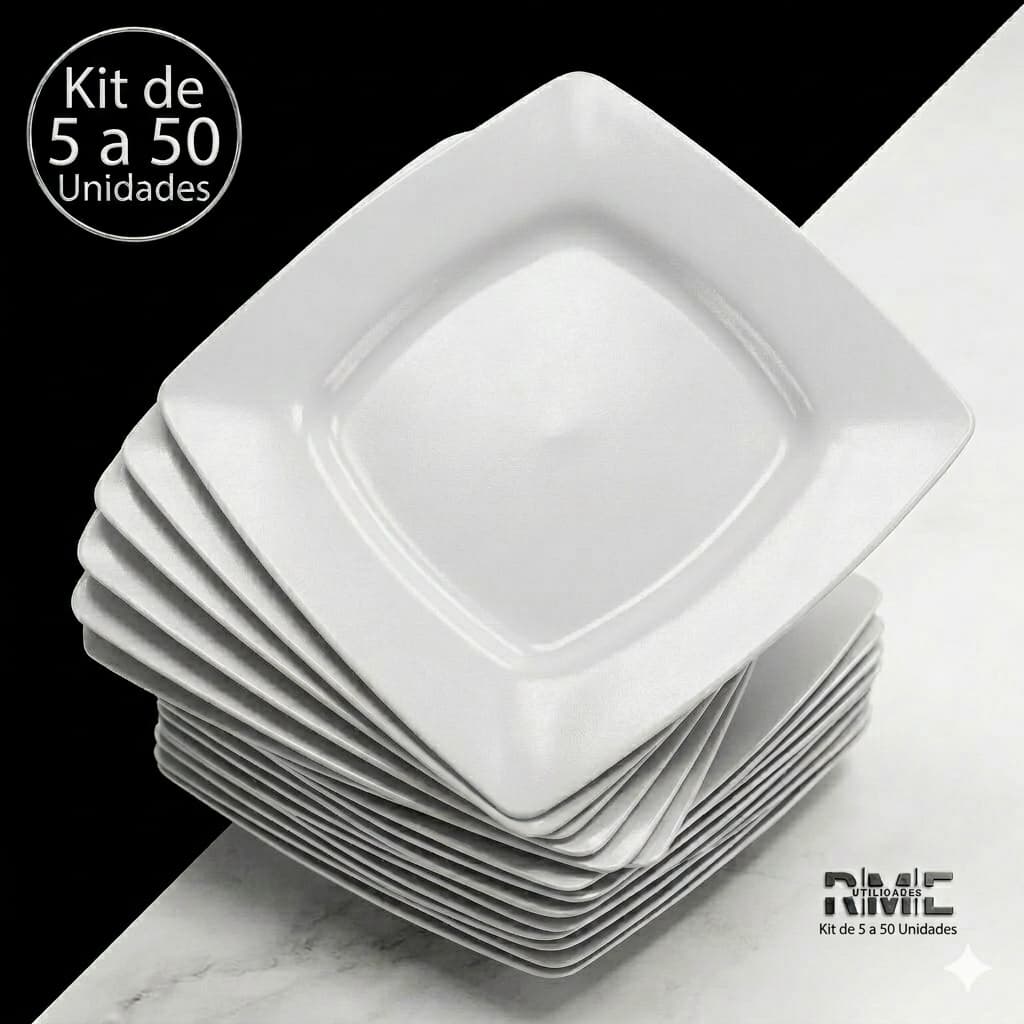 Kit 5 à 50 Pratos Quadrados Plástico branco resistentes churrascos refeições festas aniversários lavar