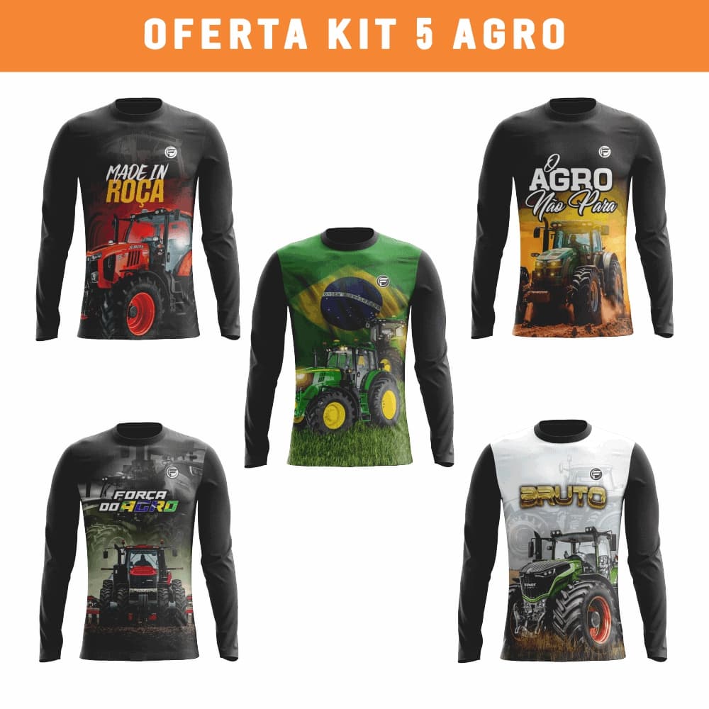 Kit 5 Camisa do Agro Masculina Diversas UV Trator Proteção Solar Brasil Agropecuária Camiseta