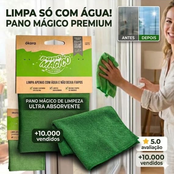 Pano Mágico Premium Limpa Vidros ÁKORA Original 40x40cm Limpe Fácil Somente Com Água!