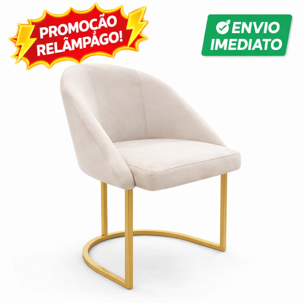 Cadeira Lua Estofada Com Base Em Ferro Dourado Veludo Bege