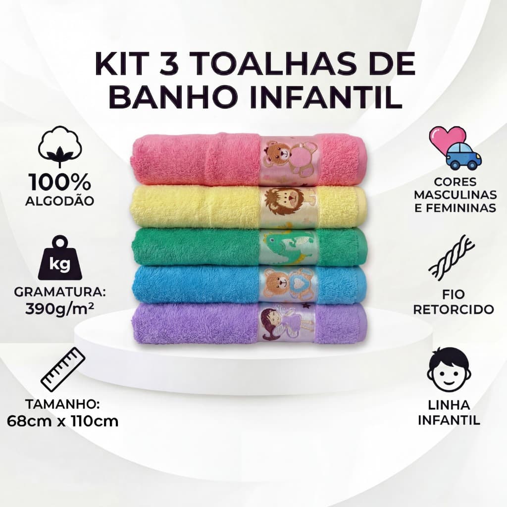 Kit 3 Toalha de Banho Infantil 100% Algodão Soft Kids c/ Desenhos Super Macia