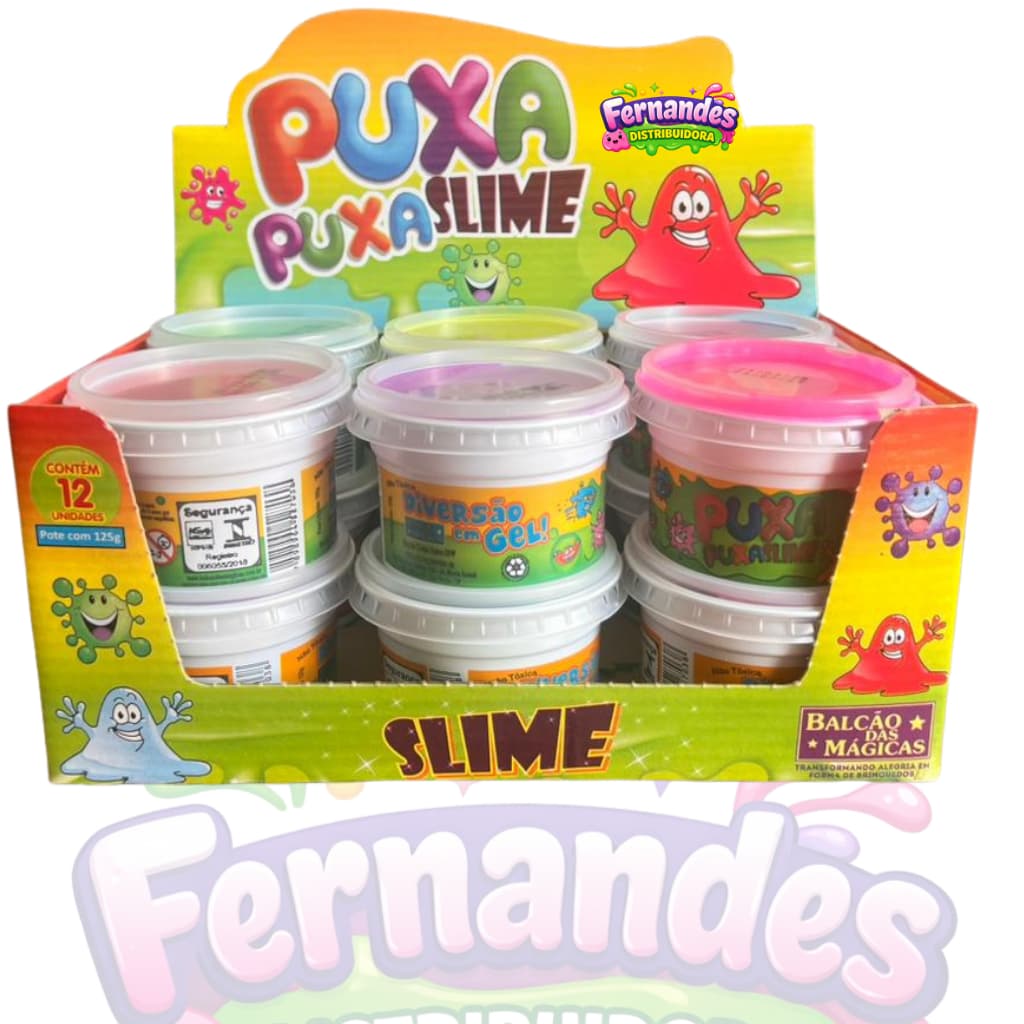Caixa de Slime Leleca Puxa Puxa 125g com 12 Unidades - brinquedo infantil, festa, lembrancinha