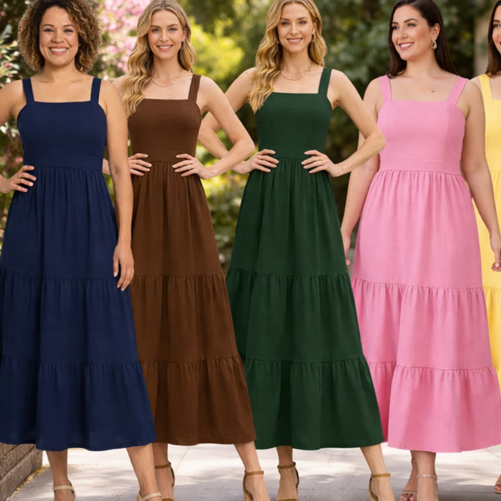 Vestido Longo Femenino con Alça. Lastex nas Costas Tricoline