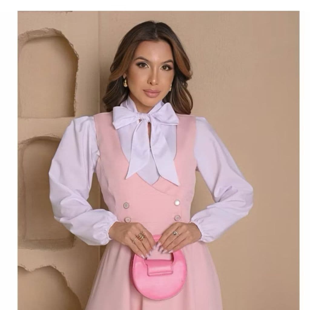 Salopete Midi Navy Elegante com Camisa Integrada Em Alfaiataria