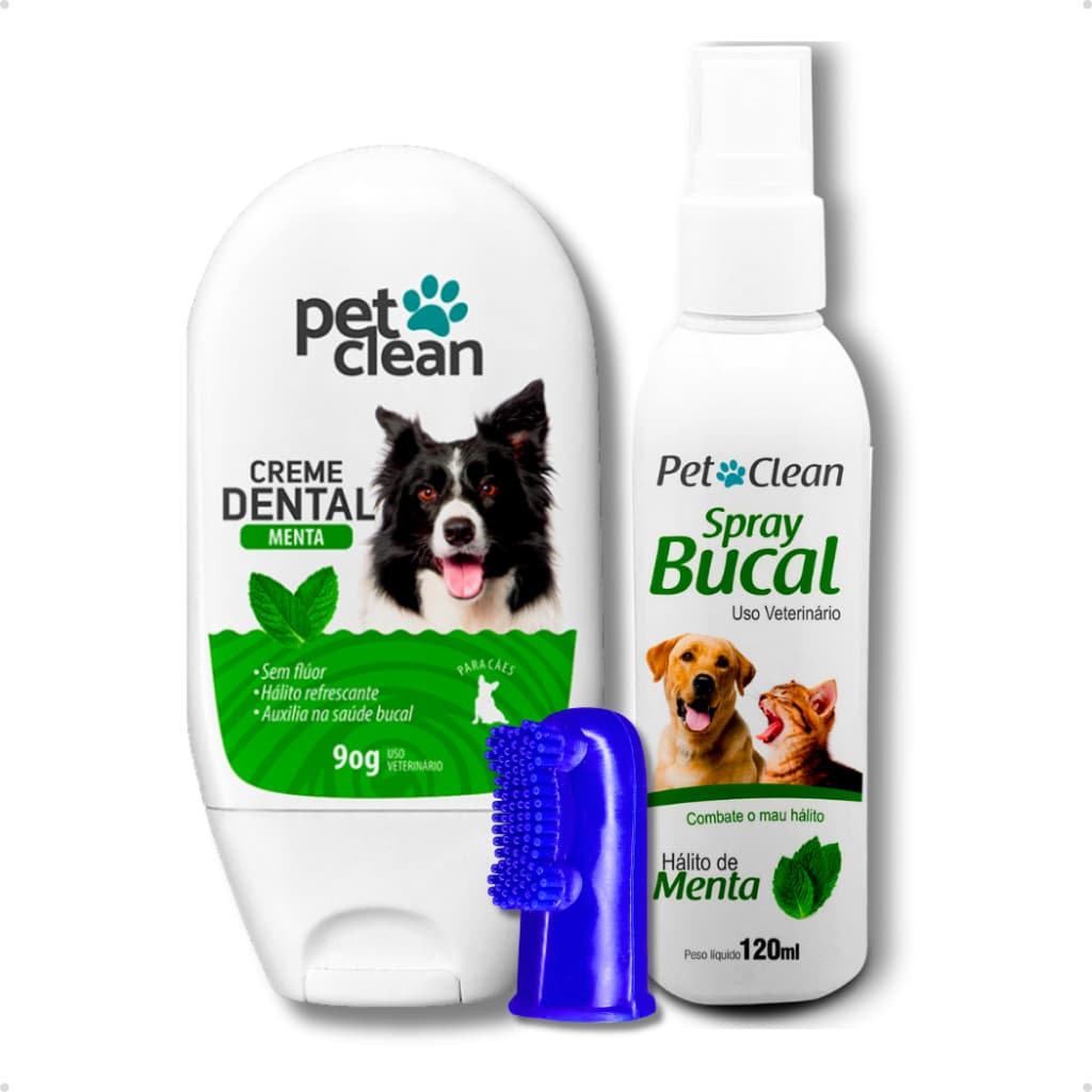 Kit Higiene Bucal Creme Dental Pasta de Dente Cachorro e Gato + Spray Bucal + Dedeira Pet Clean