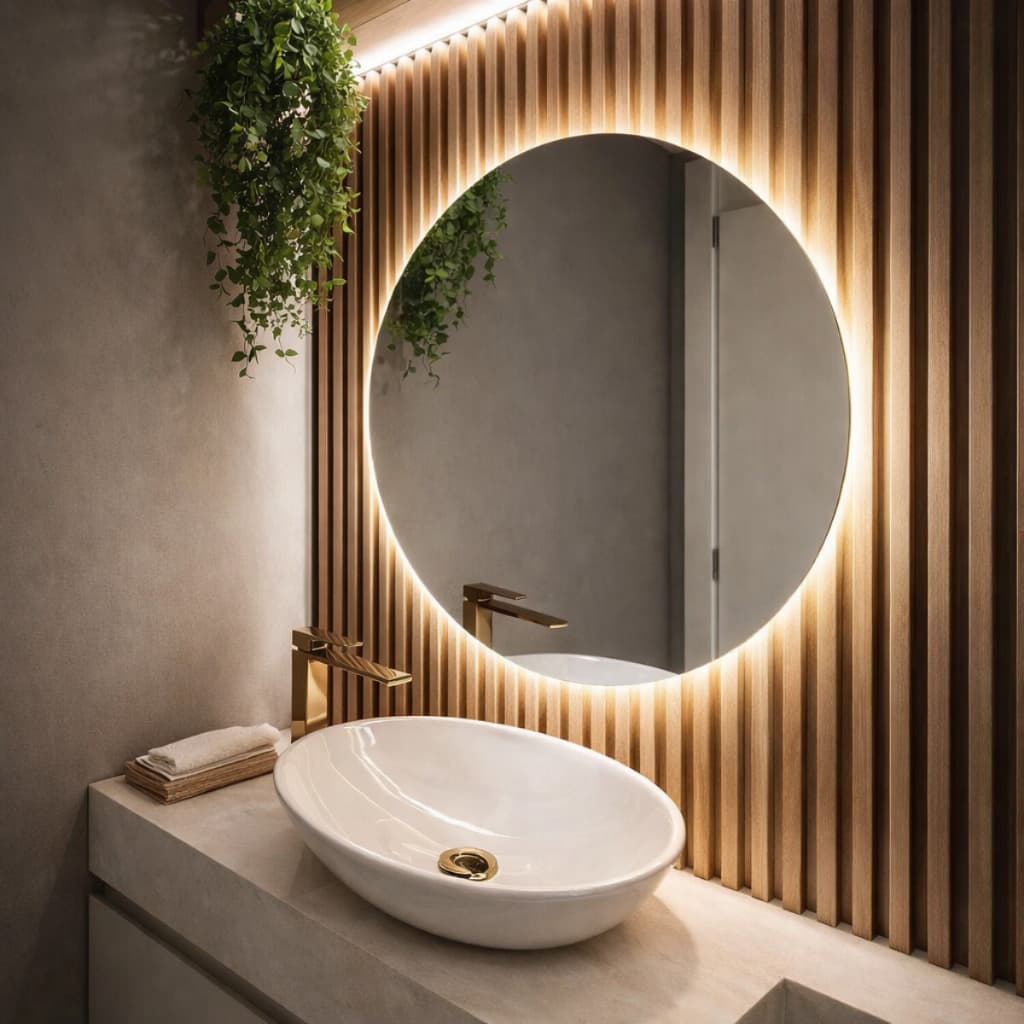 Espelho com LED Redondo Orgânico Parede Bateria ou Fonte Bivolt 110q220V Com Suporte Quarto Banheiro