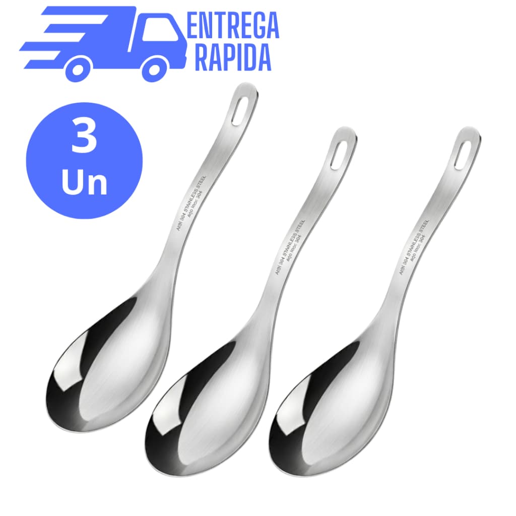 Kit 3 Colher Servir Arroz Média 23cm Aço Inox Premium Multiuso Utensilio de Cozinha Resistente