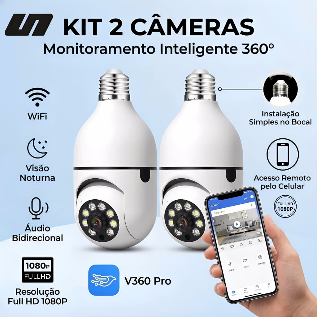 Câmera 360° externa WiFi 2,4/5GHz 1080P soquete lâmpada detecção movimento e voz bidirecional 8177