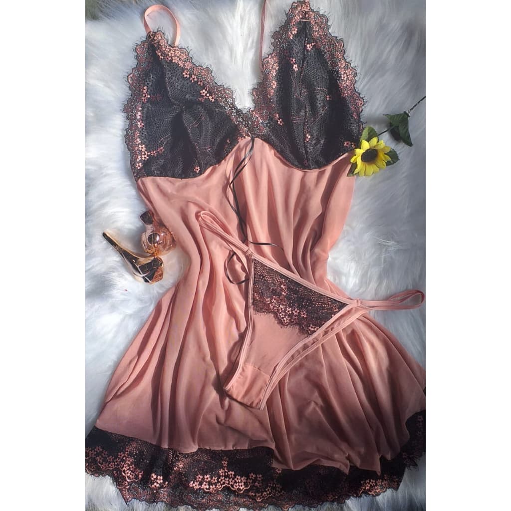 Camisola PLUS SIZE feita em Tule Transparente - Acompanha Calcinha