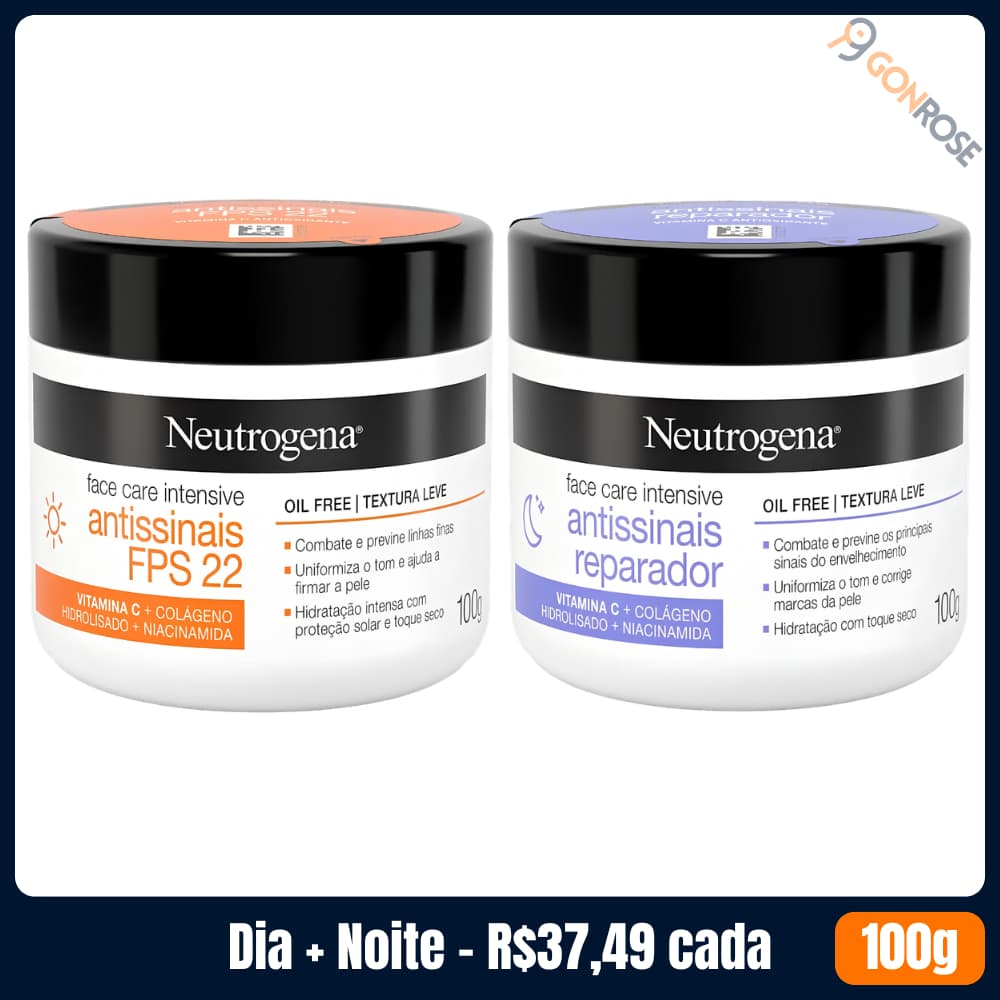 Kit com 1 Creme Facial Antissinais Neutrogena Face Care Intensive Dia FPS22 Niacinamida 100g + 1 Noite Reparador 100g
