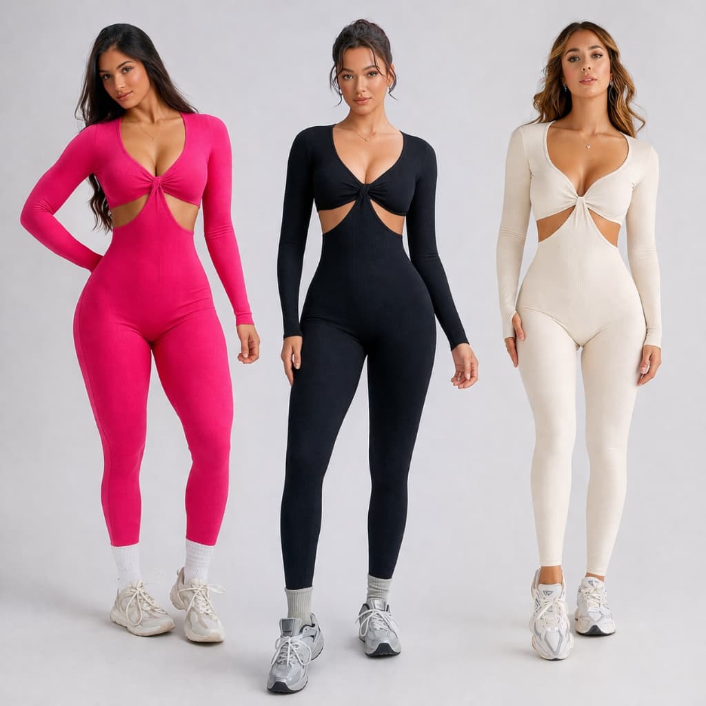 Macacão Feminino Canelado Manga Longa Modela Corpo Com Recortes Laterais