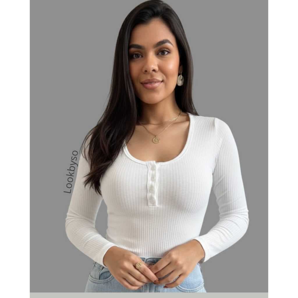 Blusa Feminina Canelada Manga Longa Com Botões Funcionais Blusinha Básica Estilosa Casual