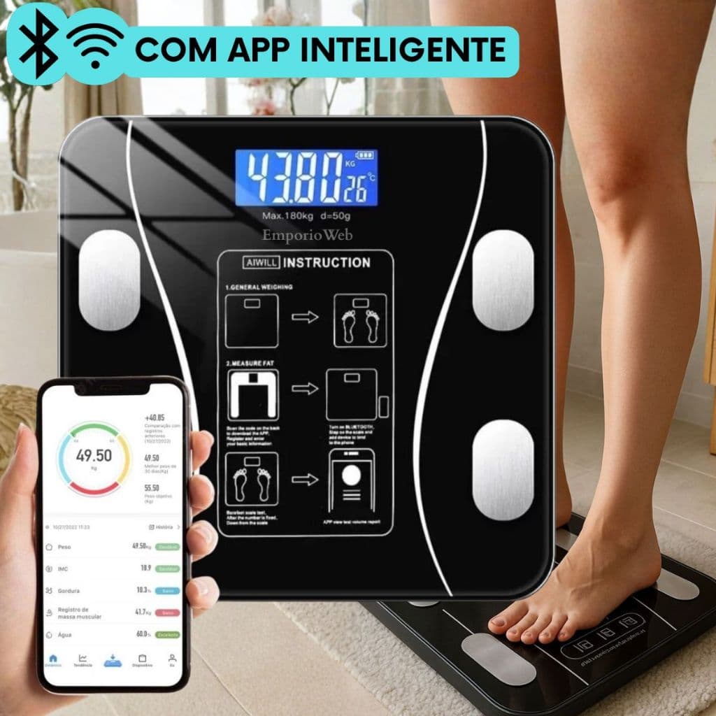 Balança Bioimpedância Inteligente Digital Smart Bluetooth IMC Massa Muscular Corporal App