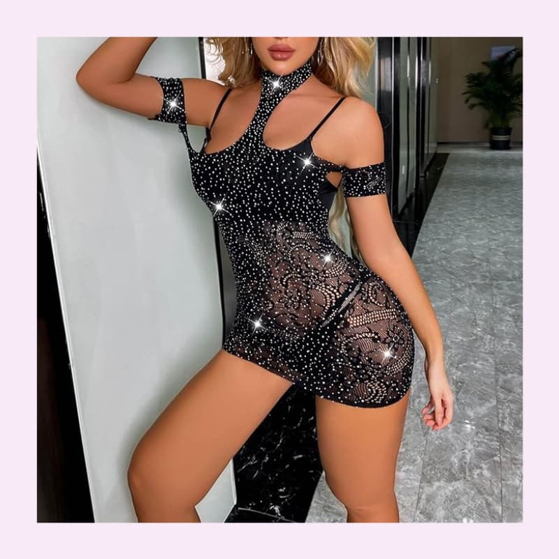 Vestido Arrastão com Brilho Sexy – Detalhes em Strass, Transparente, Tamanho Único 36 ao 40 PINKBABY-2325