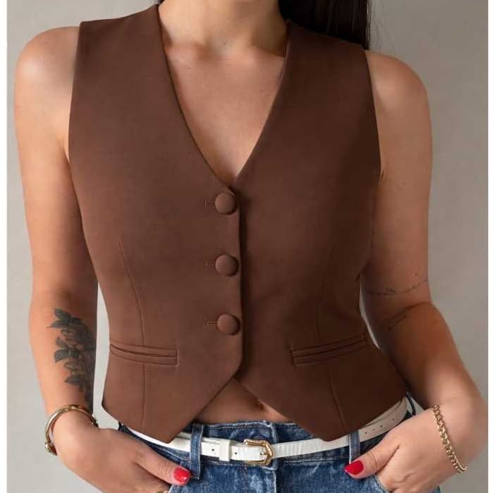 Colete Alfaiataria Feminino Curto Cinturado Elegante Botões Forrados