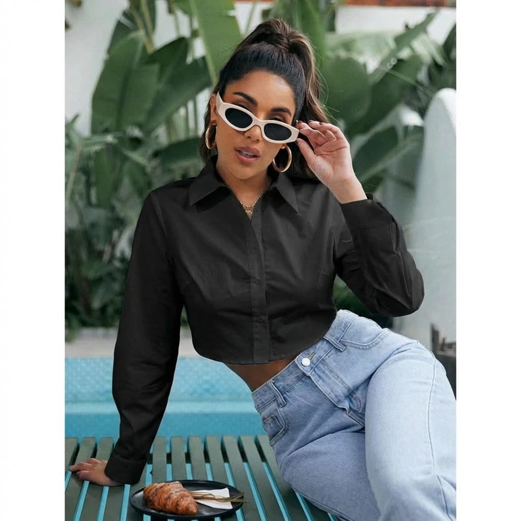 Blusa Feminina Camisa Social Feminina Cropped Feminina Manga Longa