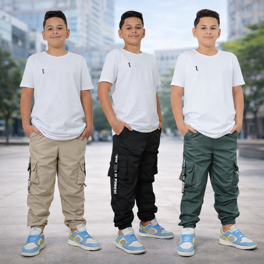 Calça Juvenil Jogger Cargo Infantil Menino Preta Verde Bege Tamanho 10 12 14 Anos 4 Bolsos Street Moda T