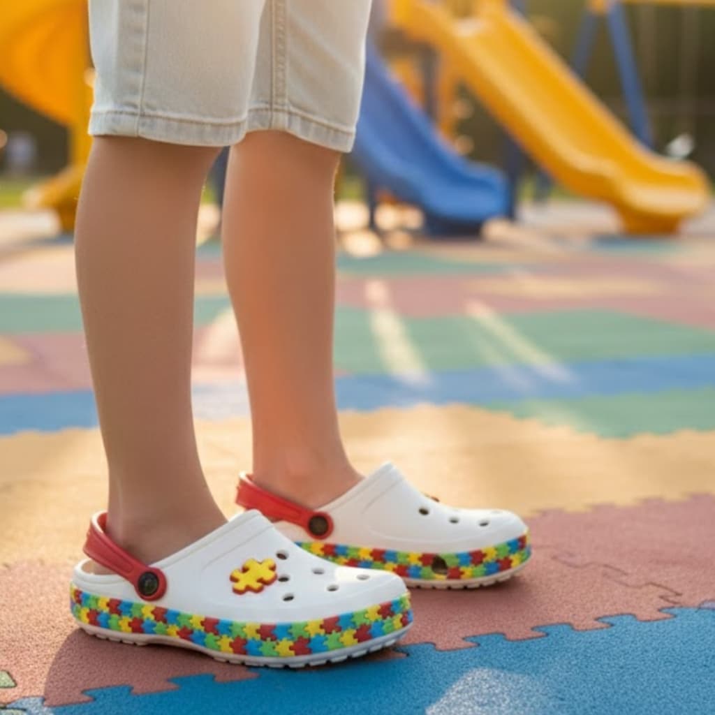 Sandália Temático TEA Autismo Unissex Colorido Com Enfeite Segurança