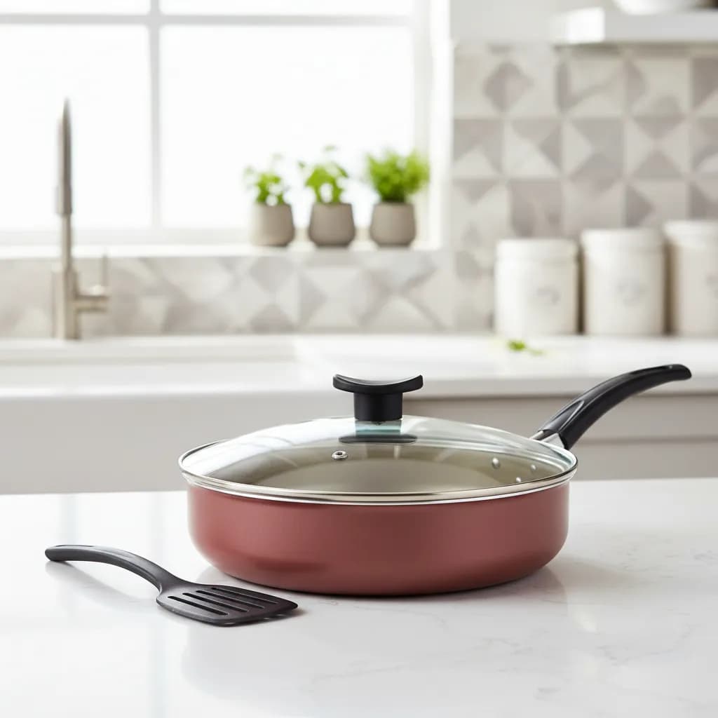 Frigideira Alta 22cm Funda Antiaderente Com Tampa de Vidro Teflon Cor Cereja Gold + Espátula Nylon