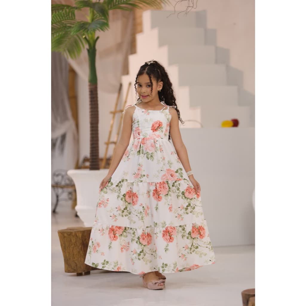 Vestido Longo Juvenil Estampado Floral Três Marias com Amarração nas Costas Lançamento Promocional
