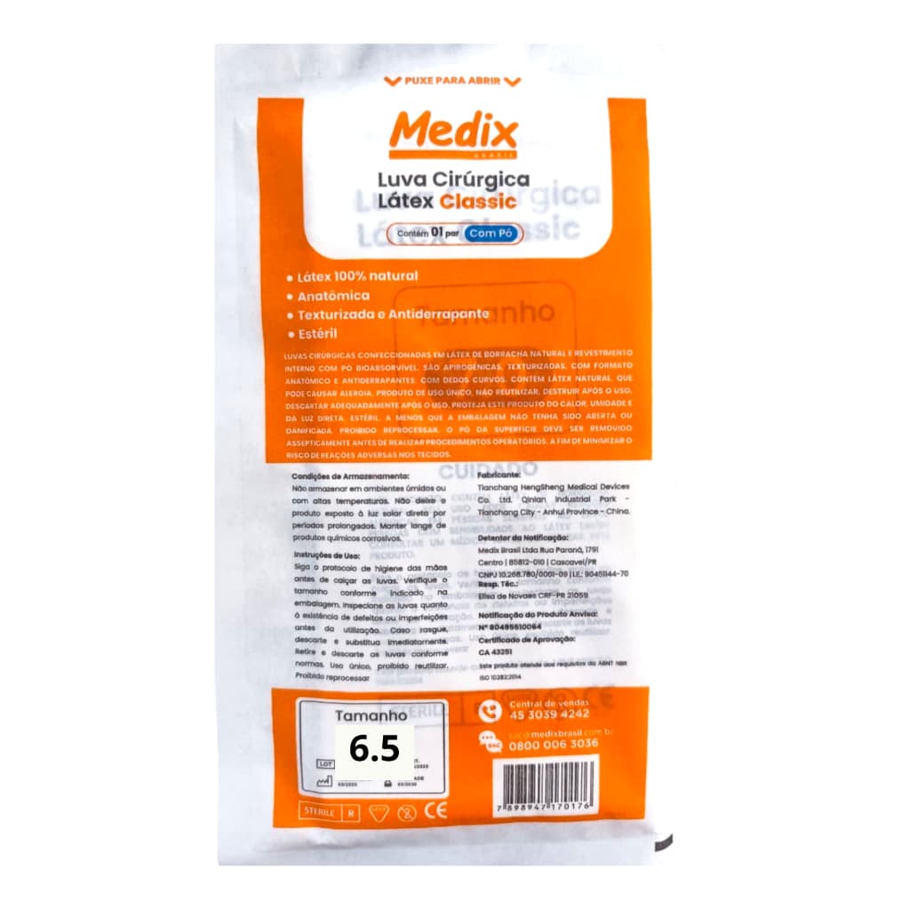 Luva Cirúrgica Com Pó Tamanho 6,5 Medix - Kit com 10 pares