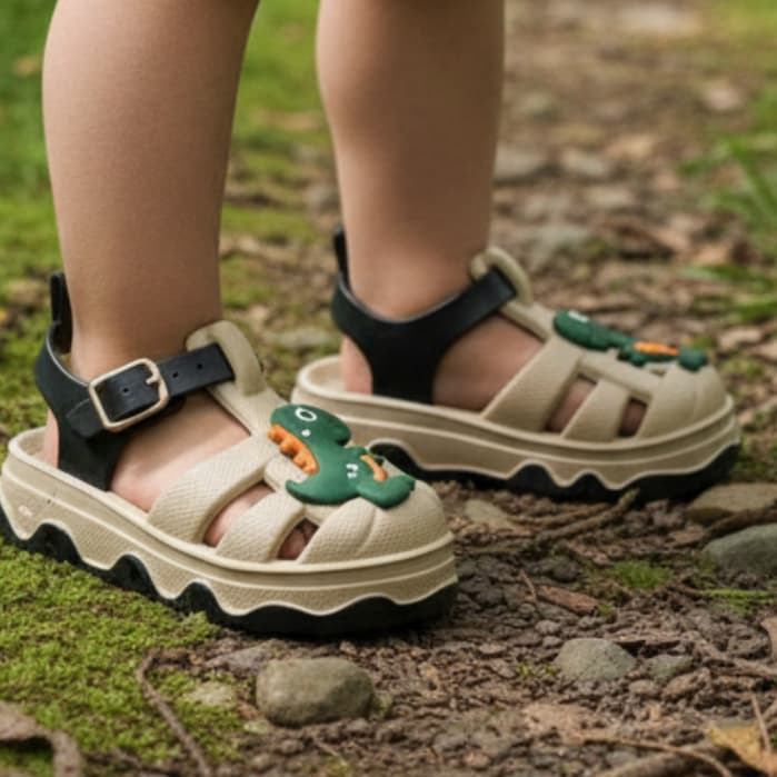 Sandália Dinossauro Infantil Bebê Babuche Bege Fivela Dourada Antiderrapante Tam 19-26