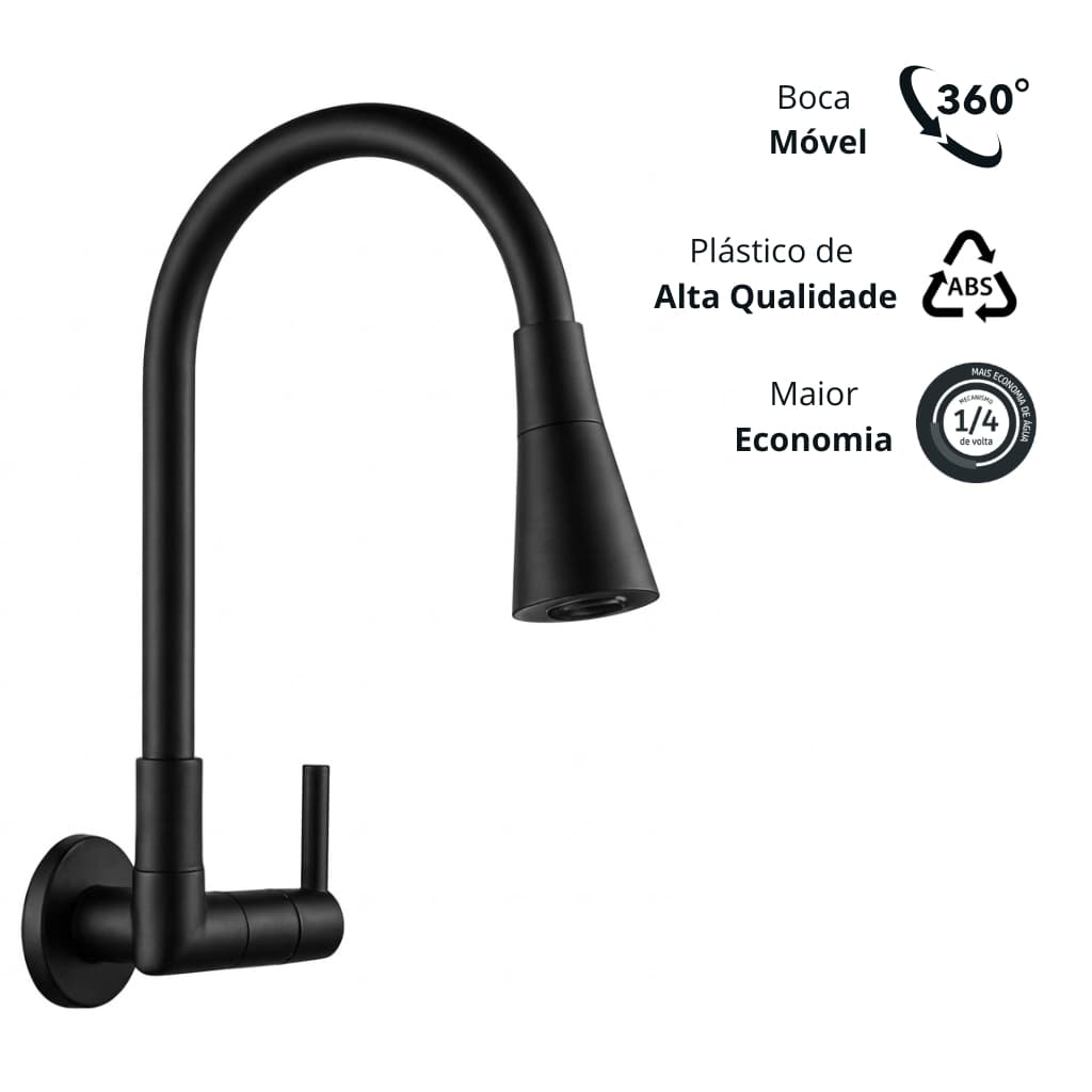 Torneira De Parede/Pia Flexível Para Cozinha Moderna 2 Jatos 1/4 de Volta Cor Preta Abs Silicone