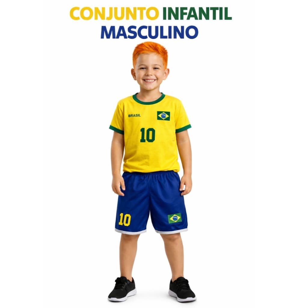Conjunto Infantil Brasil Menino 2 ao 8 Anos Camisa Short Uniforme Futebol Seleção Brasileira