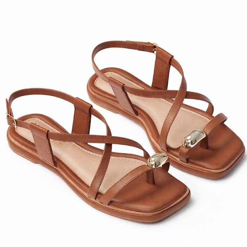 Sandália Feminina Rasteirinha Tiras Metal Bico Quadrado Confortável Dia a Dia