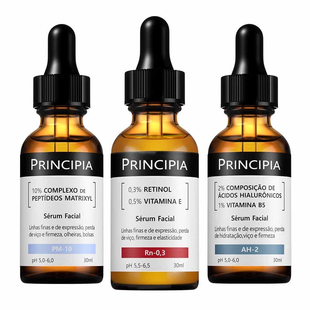 Principia Kit Trio Antissinais c/ Sérum Hialurônicos AH-2 + Sérum Peptídeos PM-10 + Sérum Retinol Rn-0,3