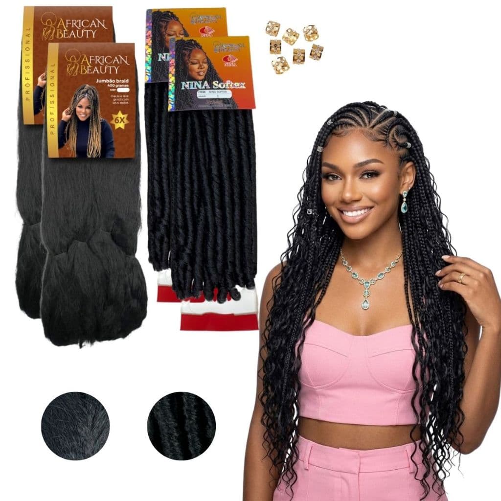 Kit 2 Jumbo Gypsy Braid 400gr + 2 Cabelo Nina Softex African + Anéis de Brindes