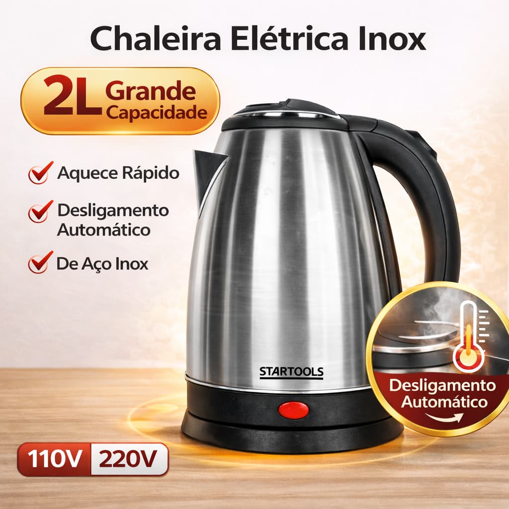 Chaleira Elétrica Inox 2 Litros 110V 220V Desligamento Automático Aquecimento Rápido