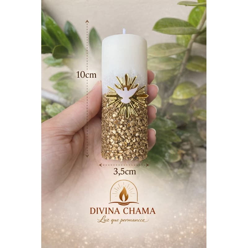 🕯️ Mini Vela Oratório Espírito Santo Artesanal Dourado | Vela Católica para Oração e Decoração | 10cm