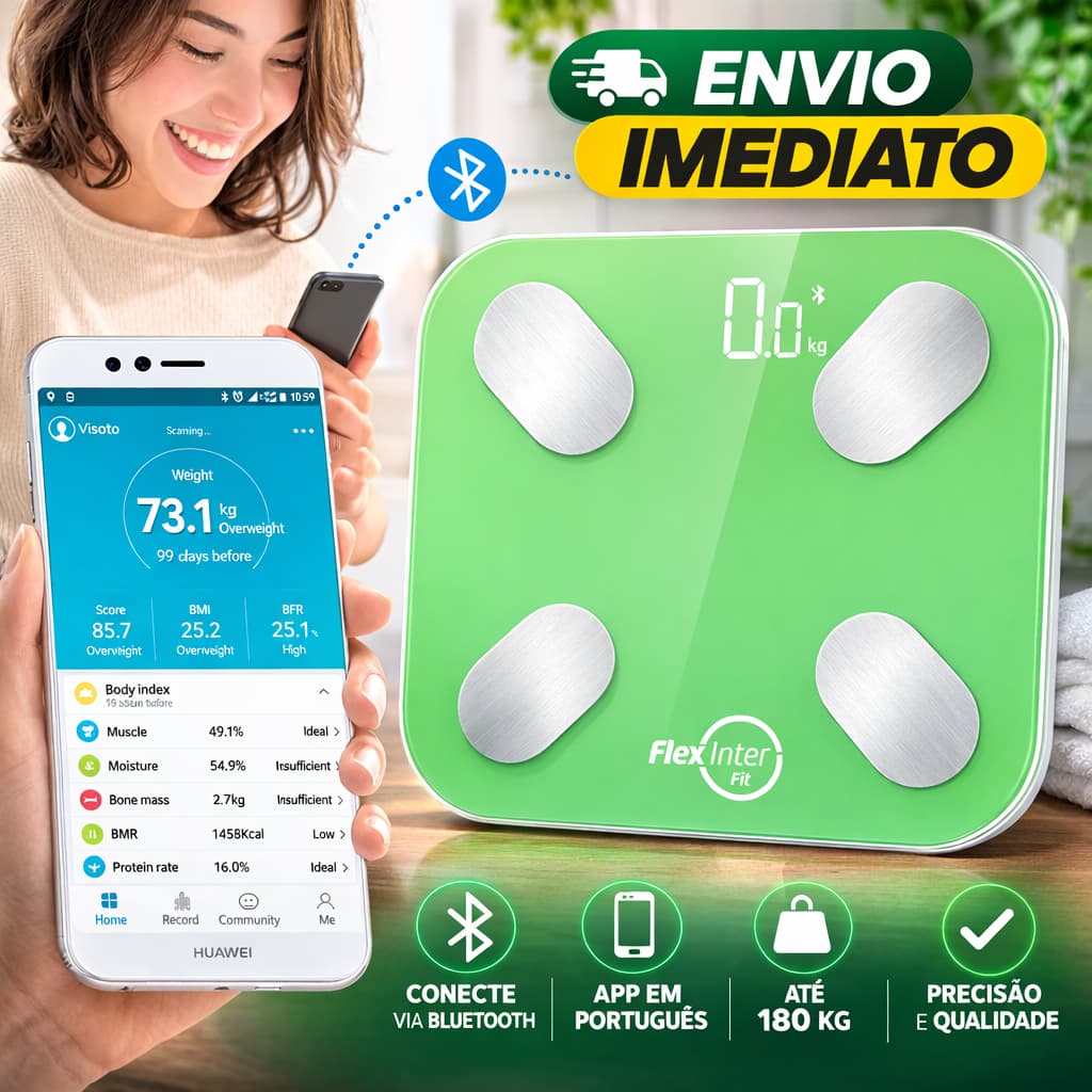 Balança Digital Inteligente Bioimpedância Bluetooth App IMC Gordura Corporal Smart Até 180kg