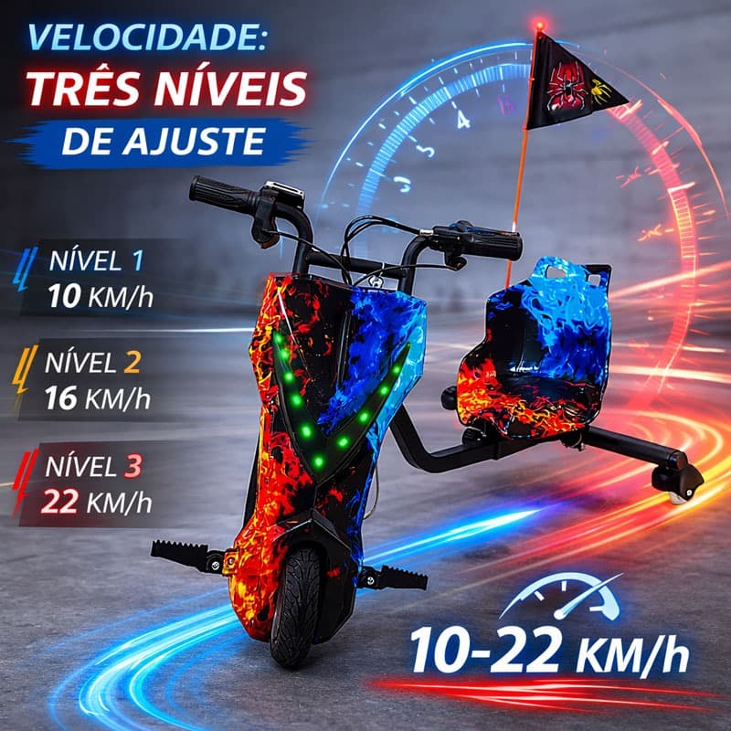 Triciclo Elétrico Drift VYRON 250W Com Amortecedor – 25km/h, Bluetooth, Suporta 80kg