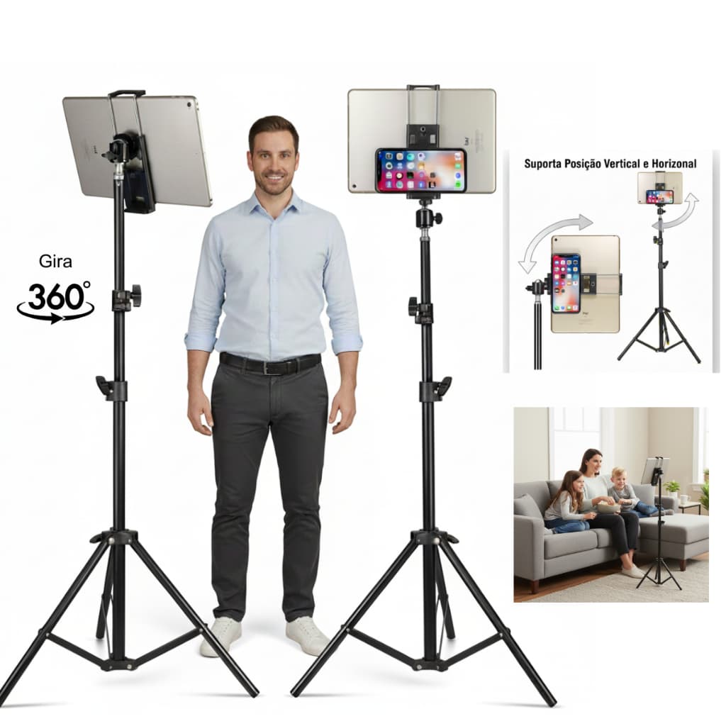Tripé Celular Profissional 2m Alumínio Para iPhone iPad Tabl Preto Suporte para Celular e Tablet + Cabeça Ball Head 360°
