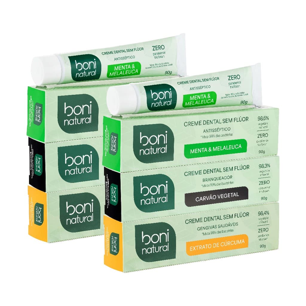 Kit 6 Cremes Dentais Mistos 90g Boni Natural - Menta, Carvão e Cúrcuma