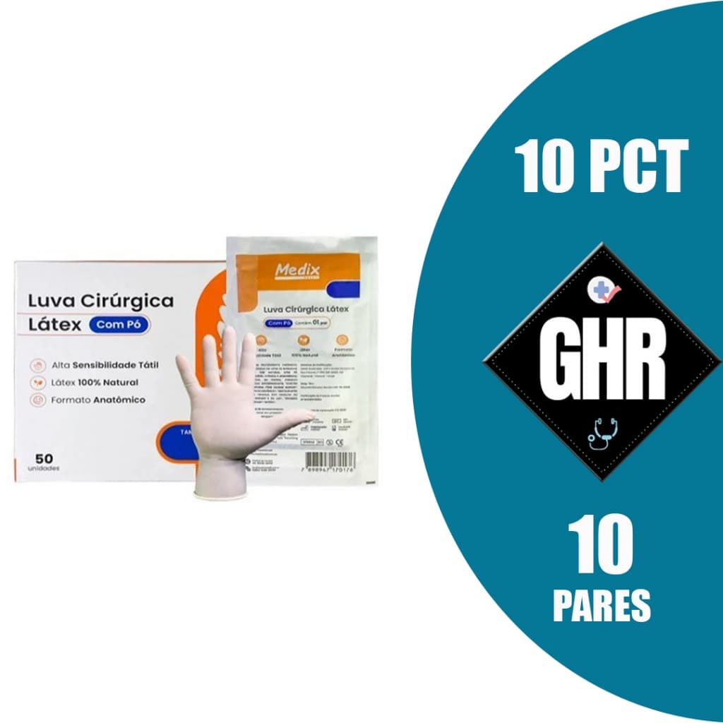 kit 10 Pares Luva Cirúrgica Estéril 6,5/7,0/7,5/8,0/8,5