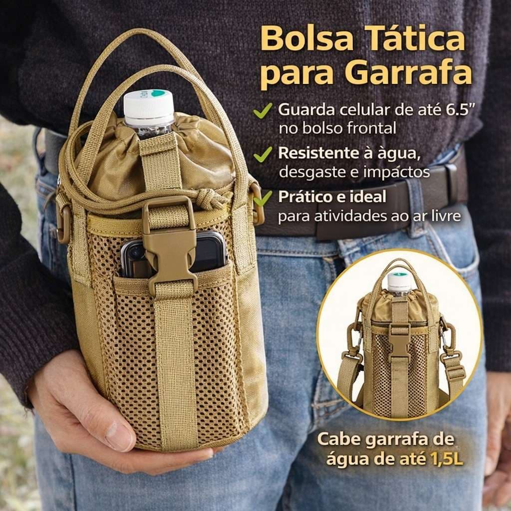 Bolsa Tática Porta Garrafa 1.5L Nylon Multifuncional Suporte Garrafa Água Camping Trilhas MOLLE Cabe Celular