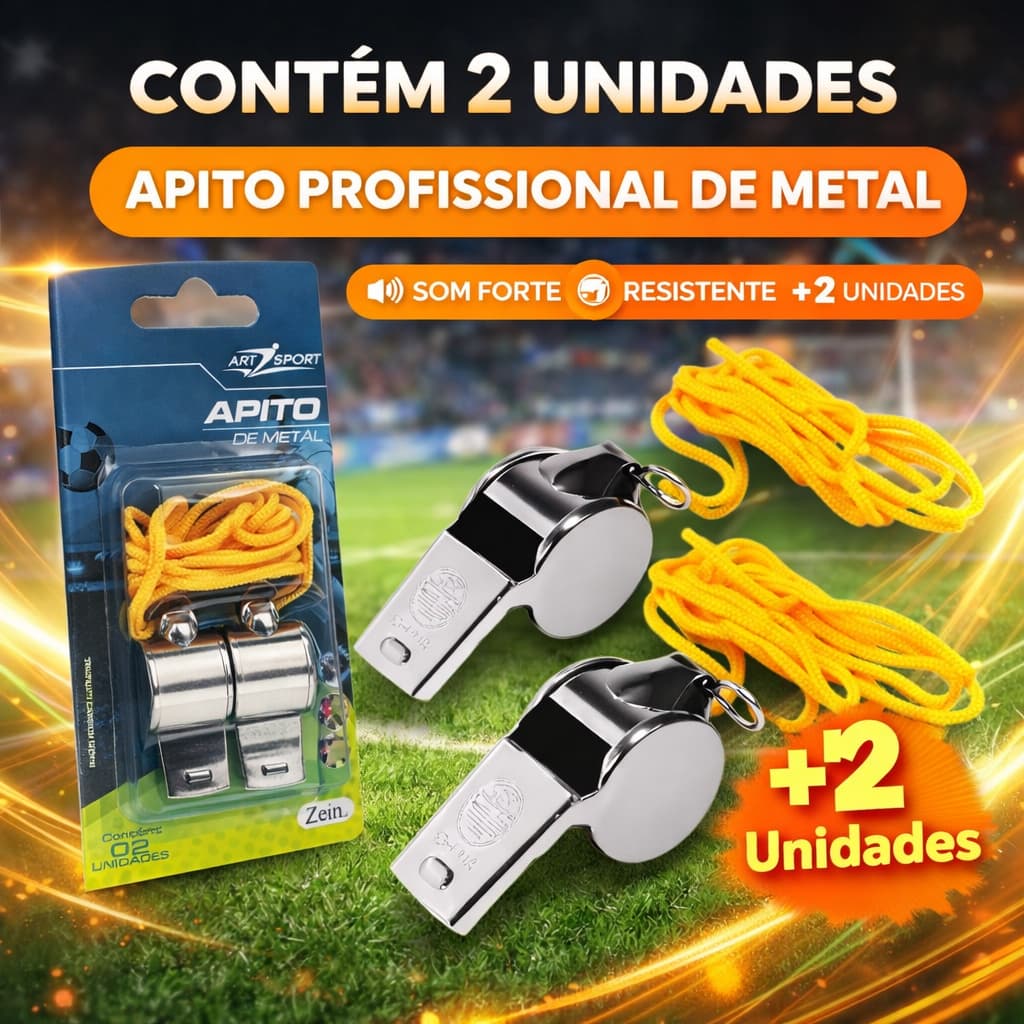 Apito Profissional de Metal Art Sport - 01 Unidade, Som Potente e Cordão Prático