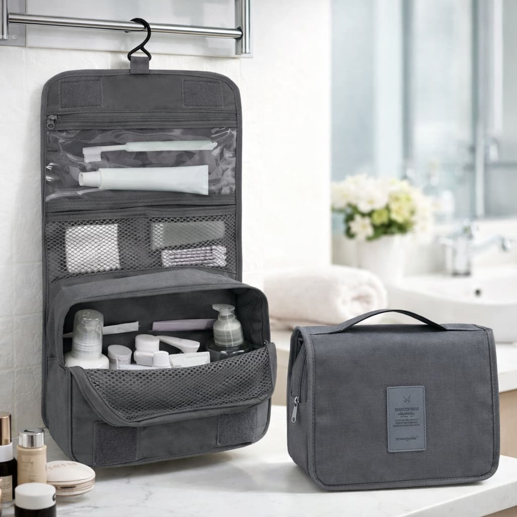 Necessaire Organizadora de Viagem Impermeável com Gancho para Pendurar, Bolsa de Maquiagem e Cosméticos com Zíper
