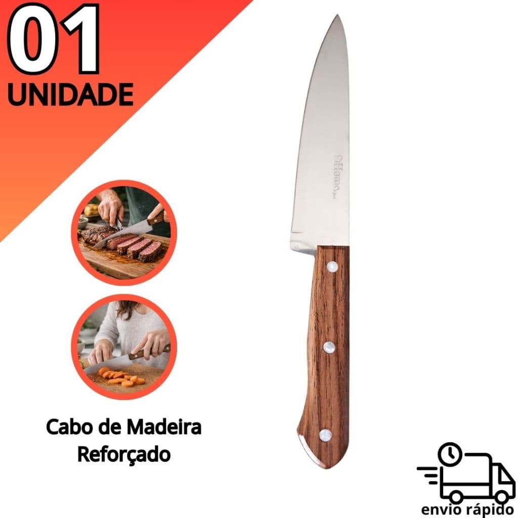 Faca de Cozinha Aço Inox 7” Cabo de Madeira Reforçado Profissional Corte Preciso