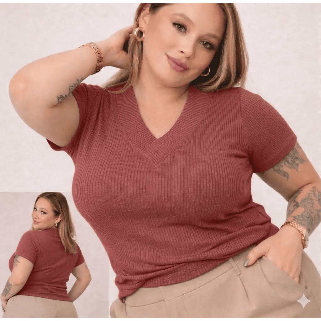 Blusa Feminina  Plus Size G ao G3 Gola V Na  Malha Canelada – Moda Confortável e Sofisticada