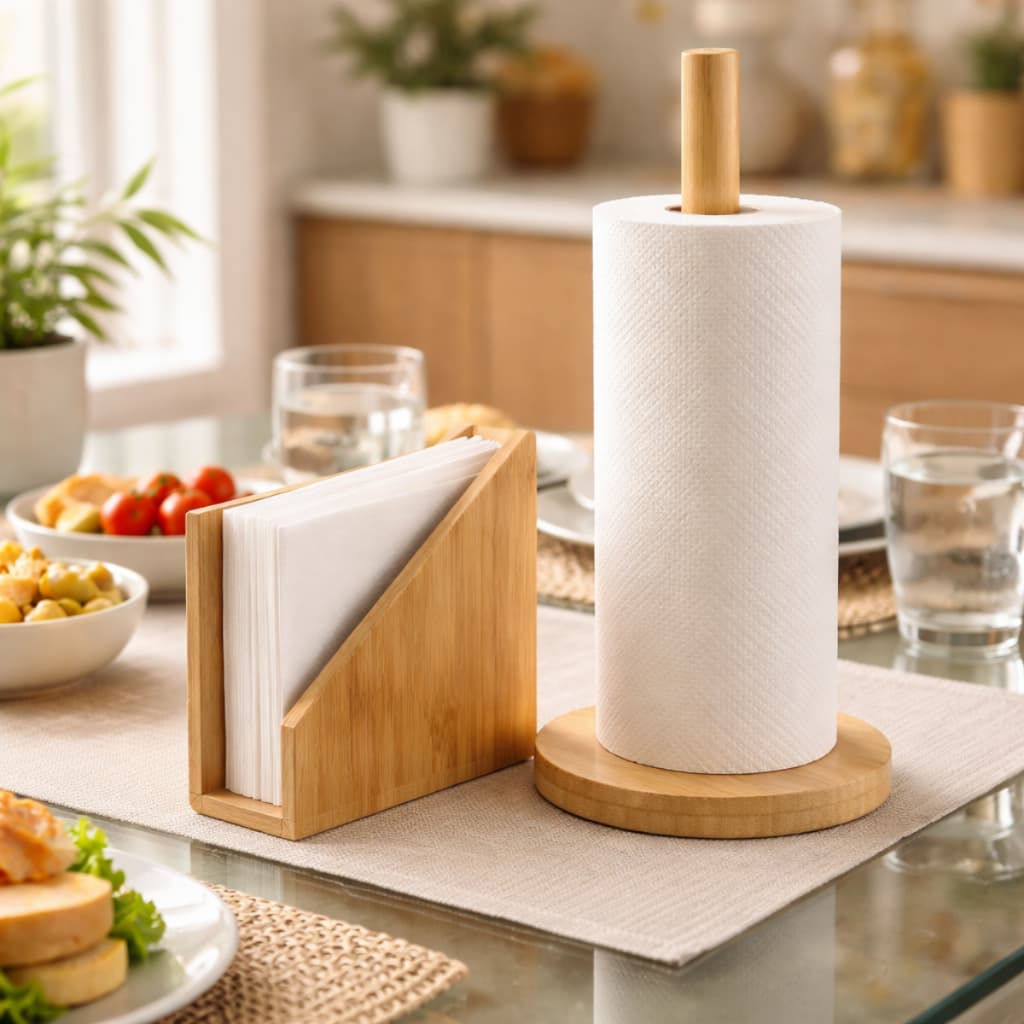 Kit Porta Papel Toalha e Porta Guardanapo Bambu Suporte Guardanapeira Mesa Posta Cozinha Organizador