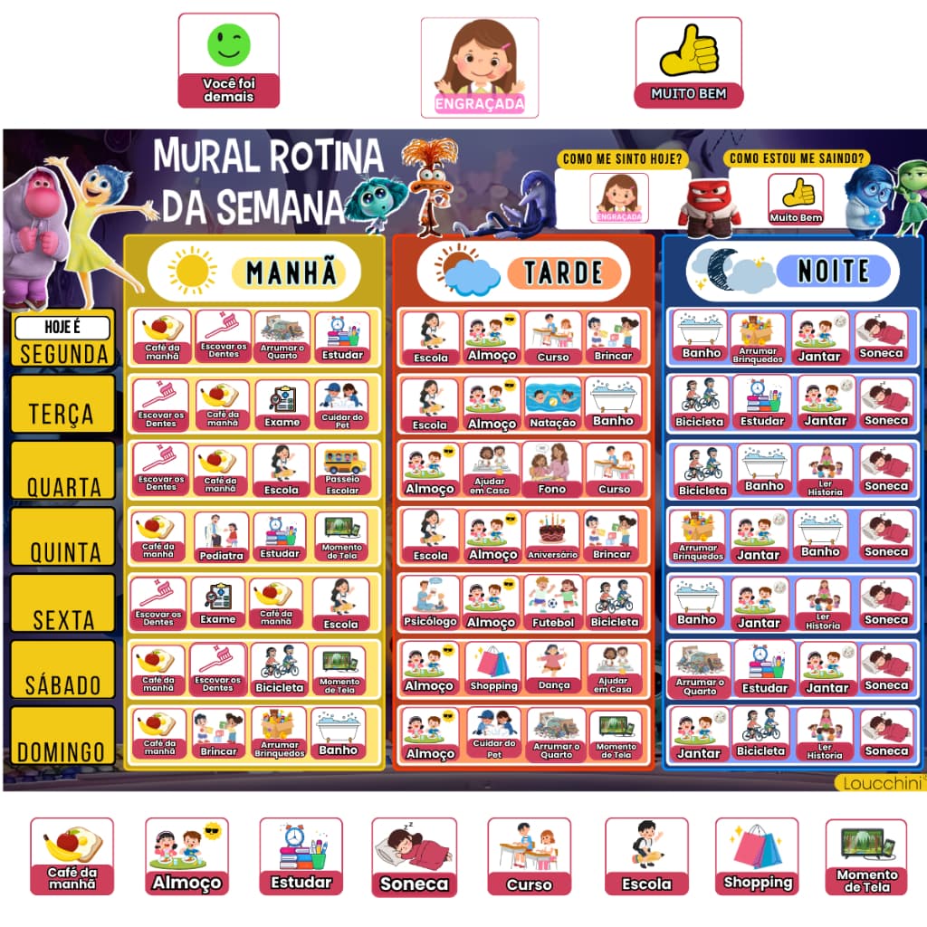 Quadro de Rotina Infantil Semanal Organização, Incentivo e Educação Tema Divertidamente